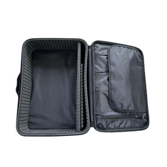 Aveda Arts Equipment Bag with multiple pockets and customizable dividers, featuring an easy wipe clean surface, open and empty.
