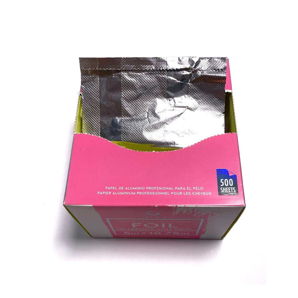 Colortrak Pop Up Silver hair foil sheets in a convenient pink dispenser box with 500 individual foil sheets for advanced foilyage and balayage techniques.