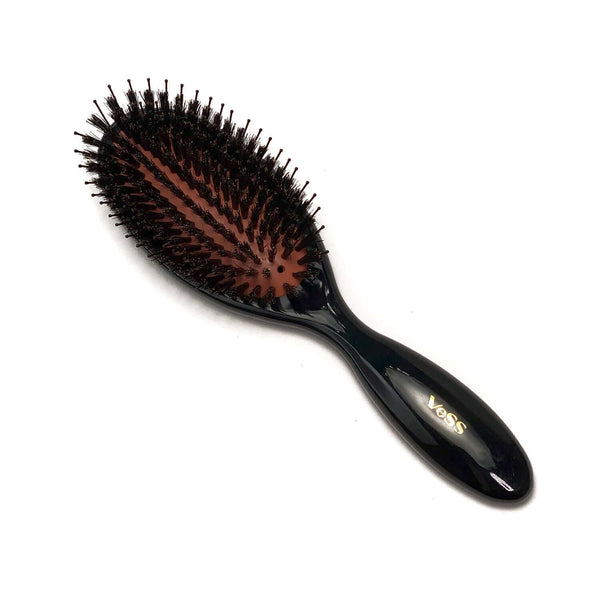 Black ELEVATE HAIR Cushion Brush by VESS with nylon and boar bristles for smooth and shiny hair, featuring gold Elevate "E" logo.