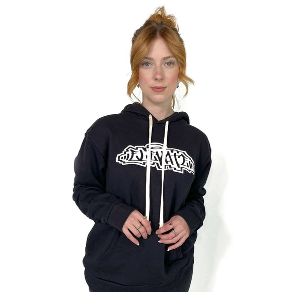 Woman wearing unisex black ElevateHair hoodie with logo, 100% cotton, essential fit
