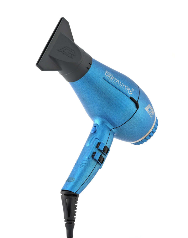 Parlux DIGITALYON professional hairdryer in blue, featuring a lightweight design and advanced digital motor for long-lasting hairstyles.