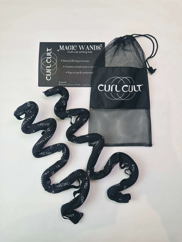 Curl Cult Magic Wands multi-use setting tool with mesh washing bag for easy, comfortable styling and liquid repellency.