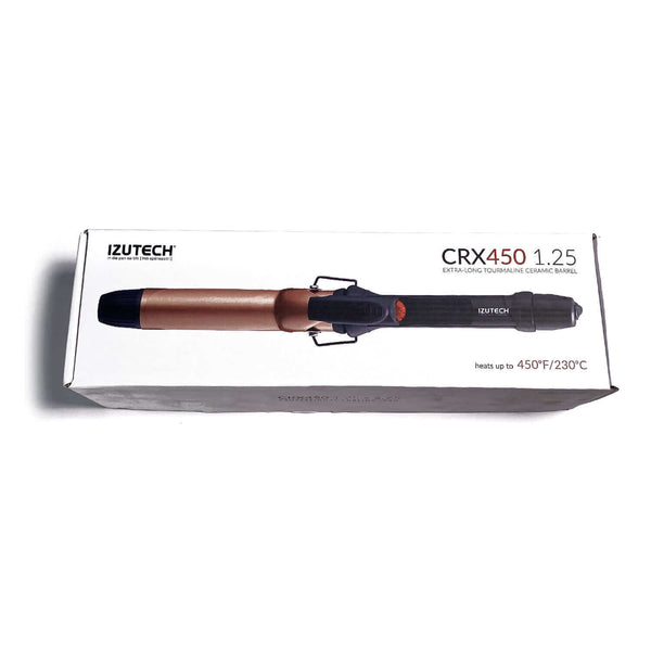 CRX450 Tourmaline Ceramic 1.25 Inch Curling Iron in its packaging with temperature settings up to 450°F (230°C).