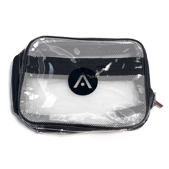 Aveda Arts Multi Clear Tote with zip closure and multi-compartments, dimensions 6" x 8" x 2.5", transparent design with black accents