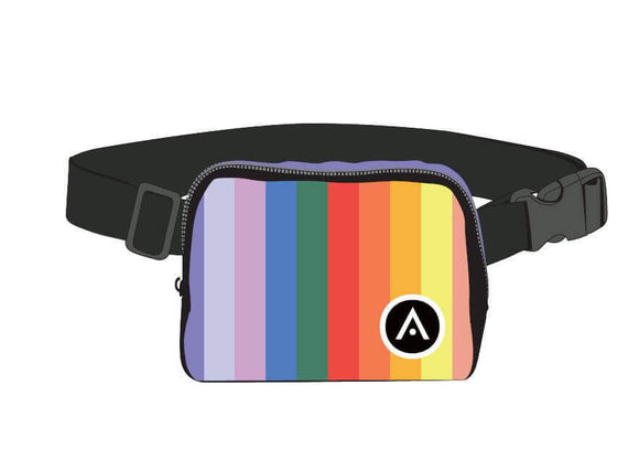 Colorful unisex Aveda Arts Belt Bag with rainbow stripes and black adjustable strap