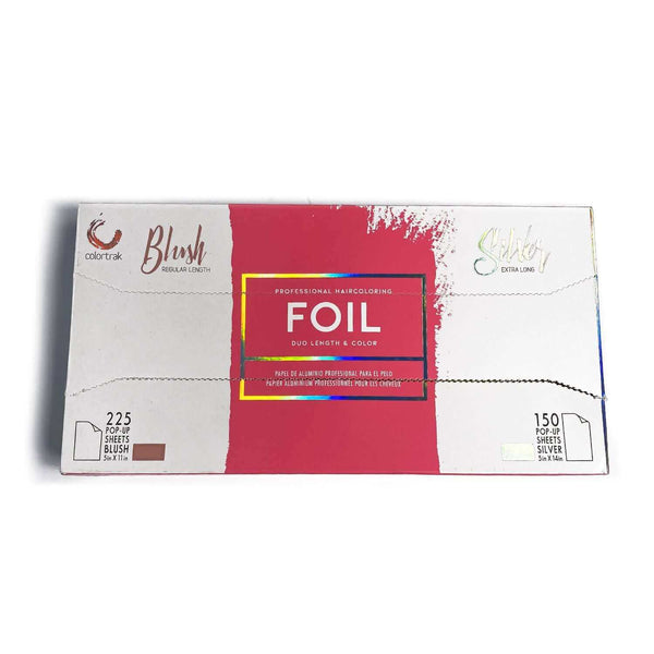 Colortrak Foil Pop Up Duo Length Blush/Silver packaging with 255 blush and 150 silver foil sheets for hair coloring in a convenient dispenser box.