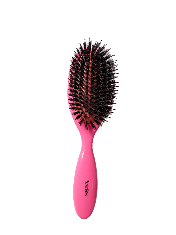 Pink VESS cushion brush with nylon and boar bristles for smoothing and taming hair of all textures.