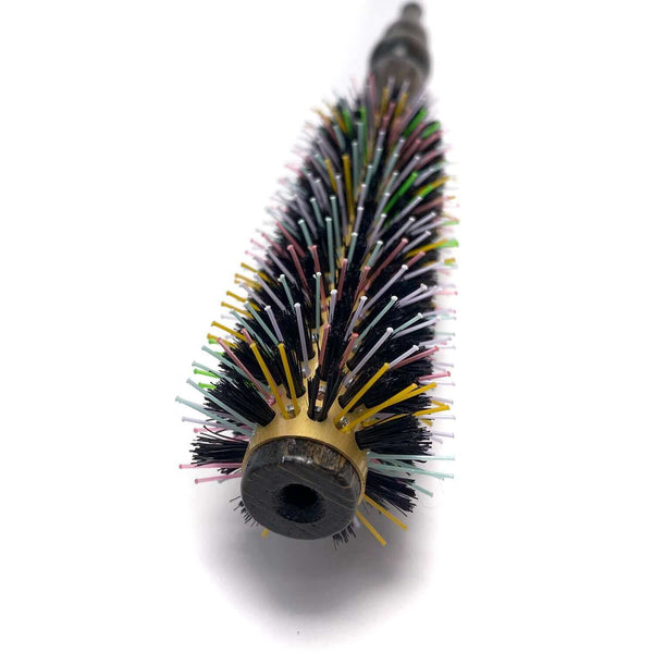 ElevateHair Rainbow Thermal Brush with colorful nylon and natural boar bristles, aluminum core, and beechwood handle for heat styling.