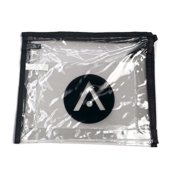 Clear Aveda Arts small tote with zip closure, dimensions 7.5" x 5" x 1.75", featuring a black logo.