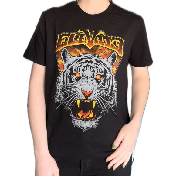 Person wearing Elevate Hair Tiger T-shirt in black with a fierce tiger graphic and the word "Elevate" above it.