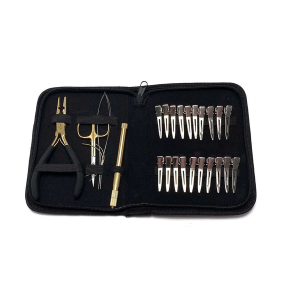 VoMor Hand Tied Stylist Kit open case with tools including gold pliers, removal tool, loop tool, replacement loops, needles, and marking clips.