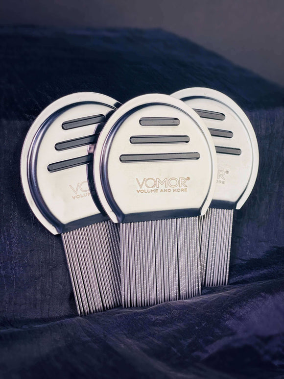 Stainless steel VoMor Tape In Removal Comb with extra-fine teeth for tape in hair extensions.