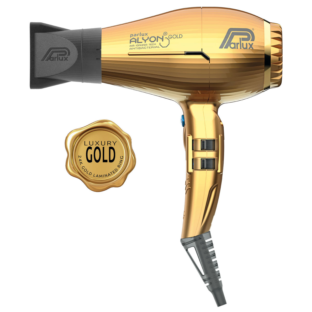 Parlux Alyon Gold Hair Dryer with Magic Sense Special Diffuser and M Hair  Designs Hot Blow Attachment Black (Bundle - 2 Items) 