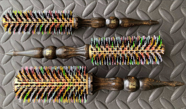 ElevateHair Rainbow Thermal Brush with colorful nylon and natural boar bristles, lightweight hollowed core head, and beechwood handle.