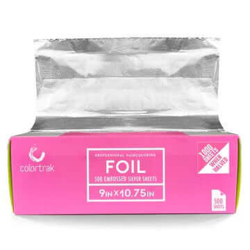 Colortrak Foil Pop Up Max Width Silver 500 ct in pink pop-up dispenser box for professional hair coloring, 9" x 10.75" sheets.