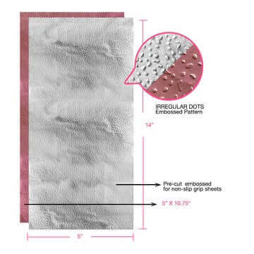 Colortrak Foil Pop Up Duo showing blush and silver foil sheets with embossed pattern, dimensions, and non-slip grip features for layered hair coloring.