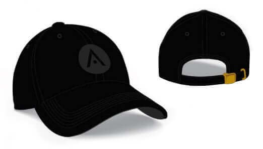 Black Aveda Arts baseball cap with embroidered logo and adjustable back