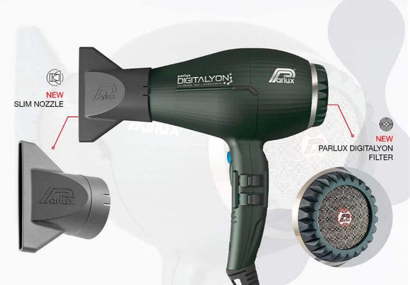 Parlux DIGITALYON hair dryer with new slim nozzle and DIGITALYON filter for long-lasting professional hairstyles.