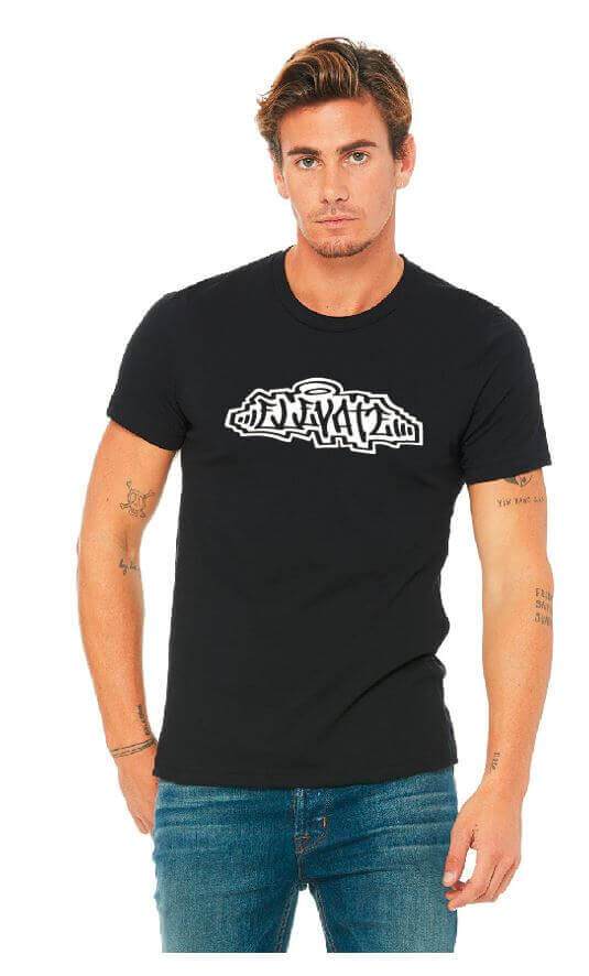 Man wearing Elevate Hair logo t-shirt in black with Euro fit