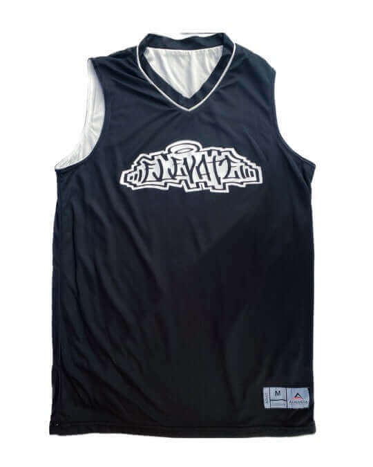 ElevateHair Reversible Basketball Jersey in black and white, 100% polyester, logo printed on both sides