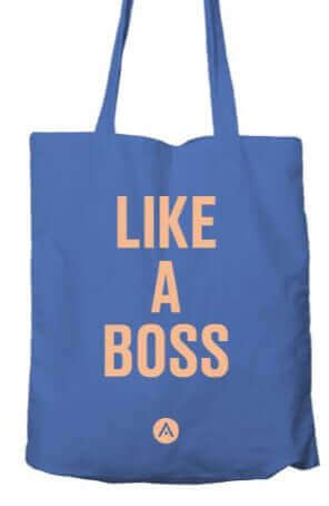 Aveda Arts "LIKE A BOSS" bright blue canvas tote with 24" handles and Velcro closure.