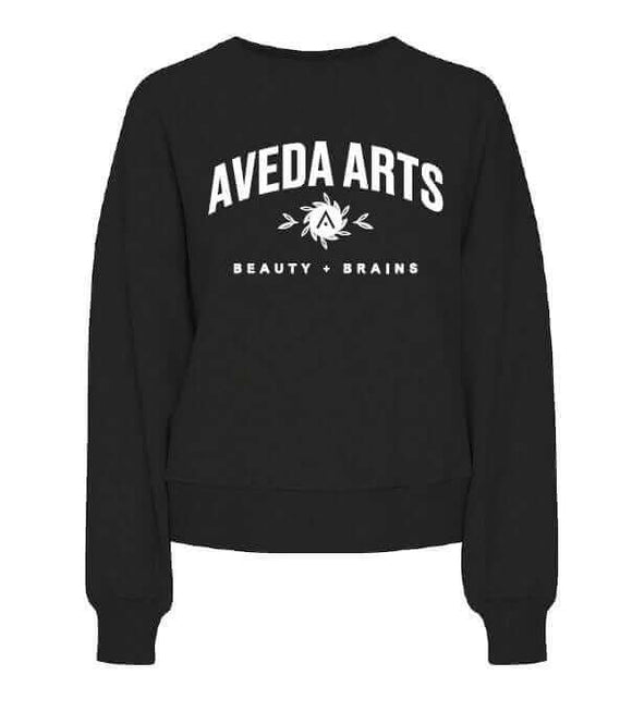 Unisex black fleece sweatshirt with "Aveda Arts Beauty & Brains" printed in white text on the front
