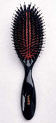 Black ELEVATE HAIR Cushion Brush by VESS with nylon and boar bristles, heat resistant up to 194°F, featuring gold "E" logo on handle.